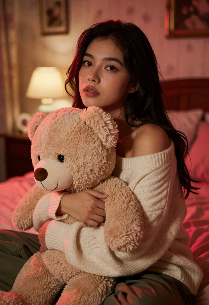 Young woman hugging beige teddy bear in cozy bedroom setting - AI generated image prompt sample