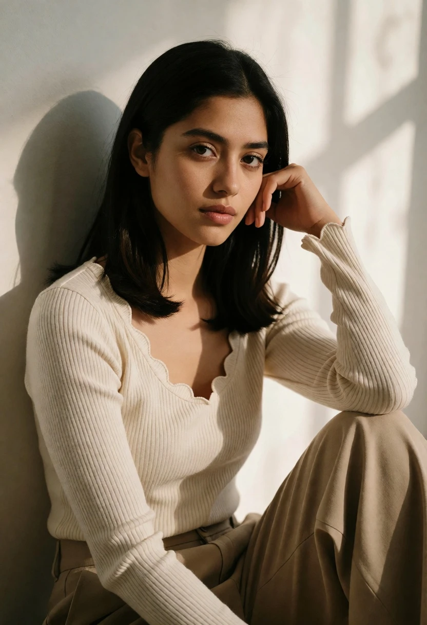 Young woman sitting against an offwhite wall in soft natural light - AI generated image prompt sample
