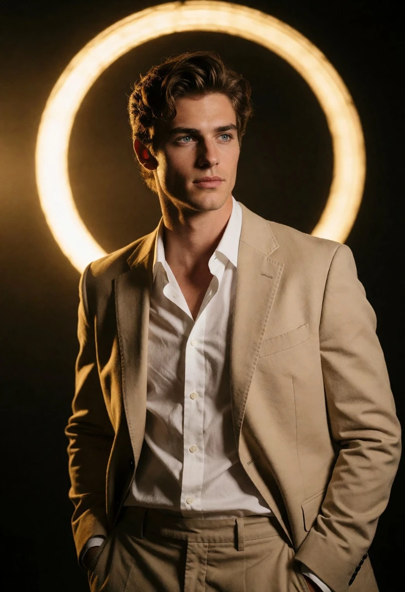 Handsome young man in beige suit jacket with glowing halo light - AI generated image prompt sample