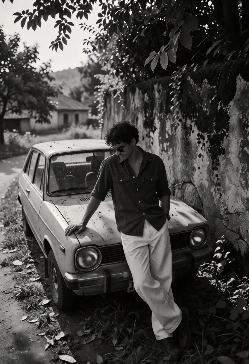 Young man leaning on vintage hatchback by mossy stone wall in rural - AI generated image prompt sample