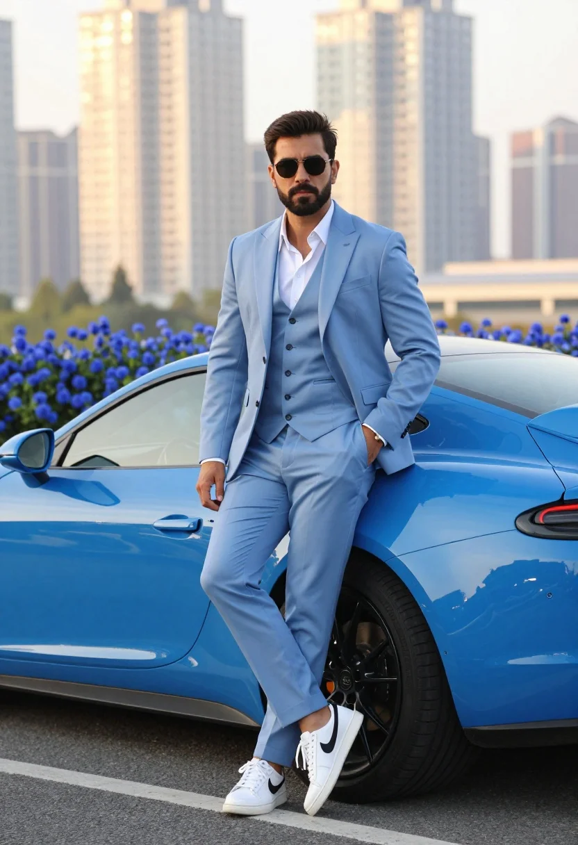 Man in light blue suit leaning against bright blue sports car outdoors - AI generated image prompt sample