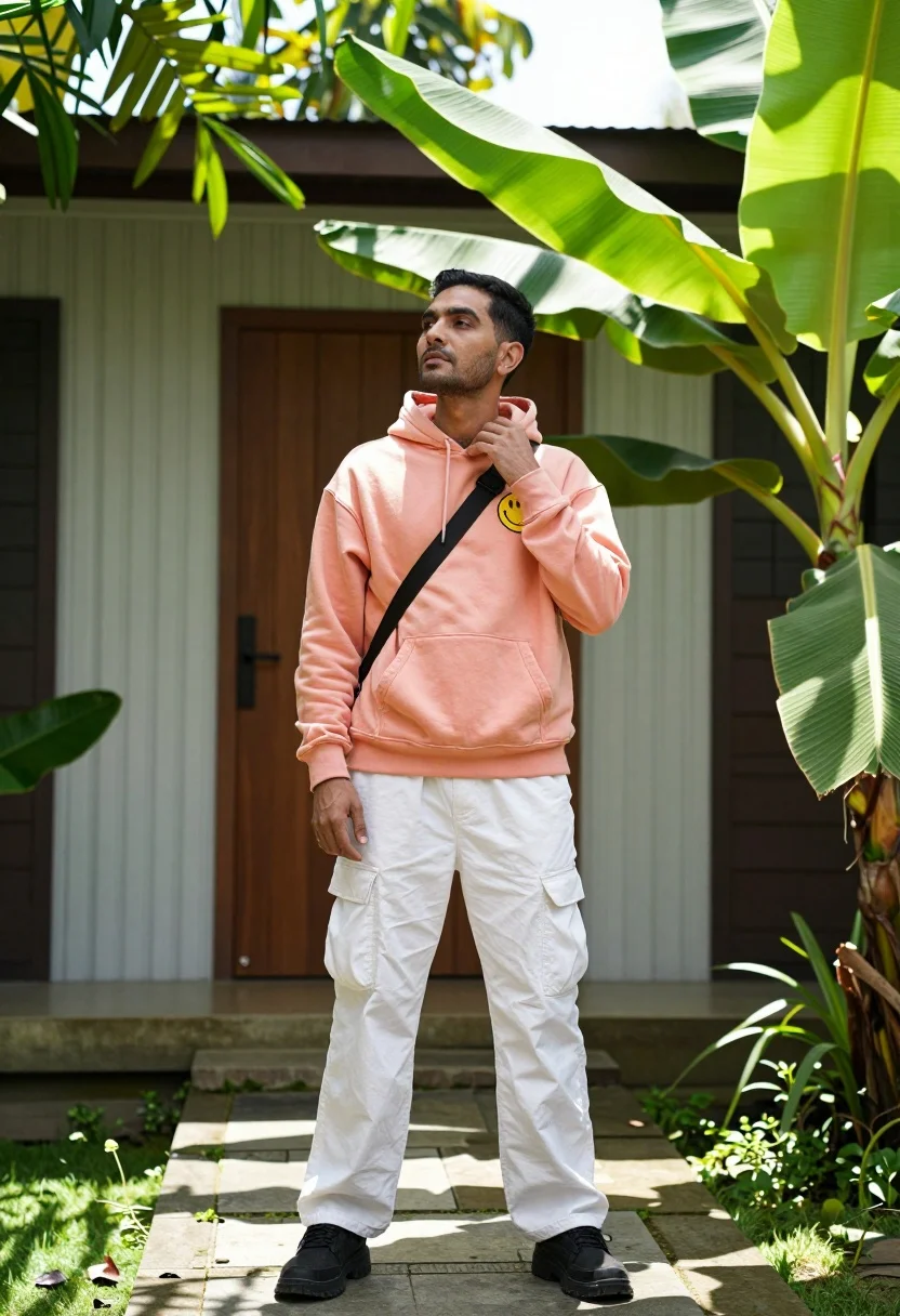 Man in peach hoodie standing in lush garden near modern wooden structure - AI generated image prompt sample