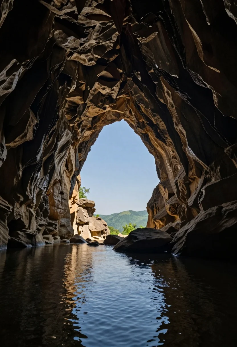 View from dark limestone cave archway toward bright blue sky and green - AI generated image prompt sample