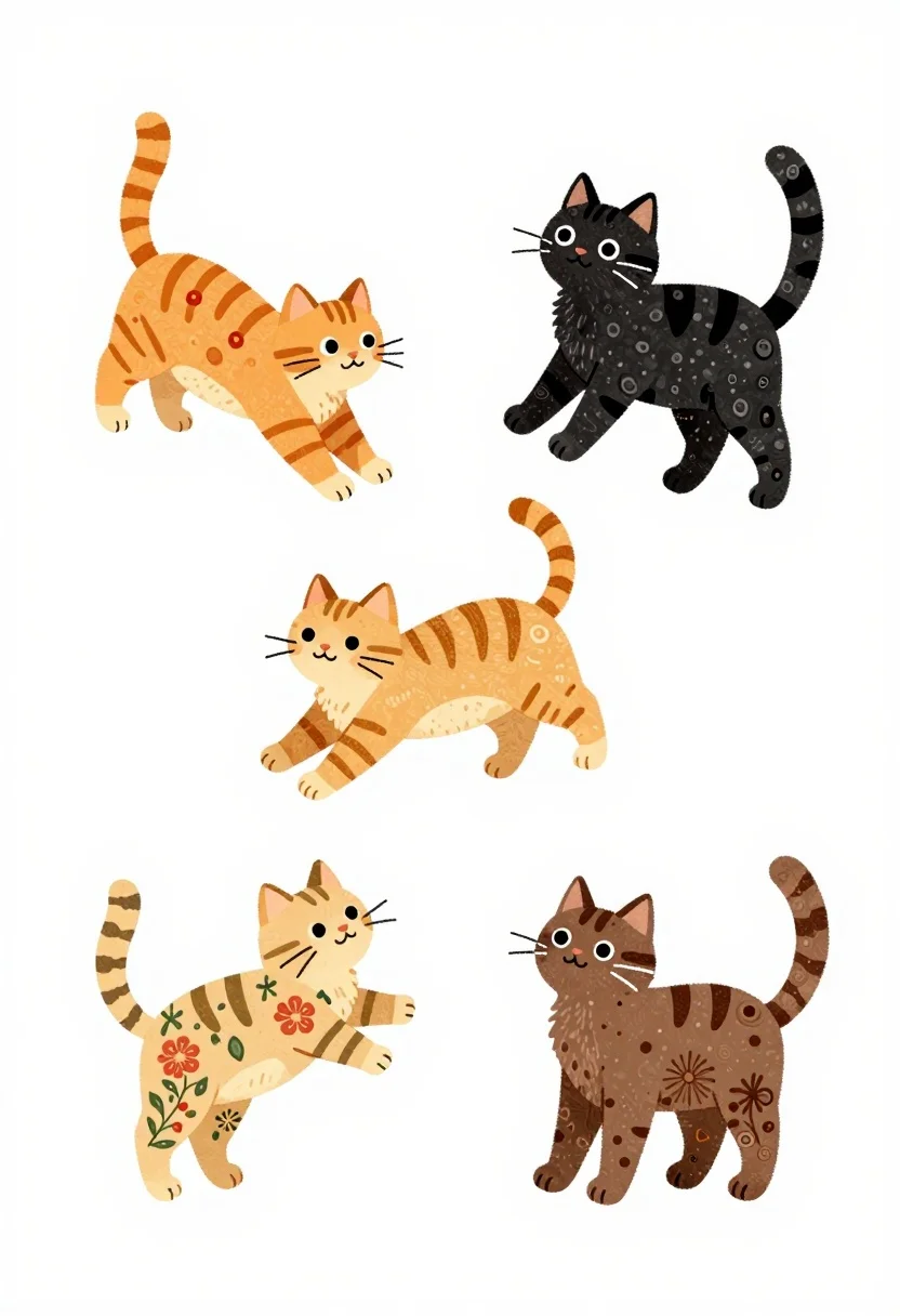 Four cartoon cats playing on a white background
