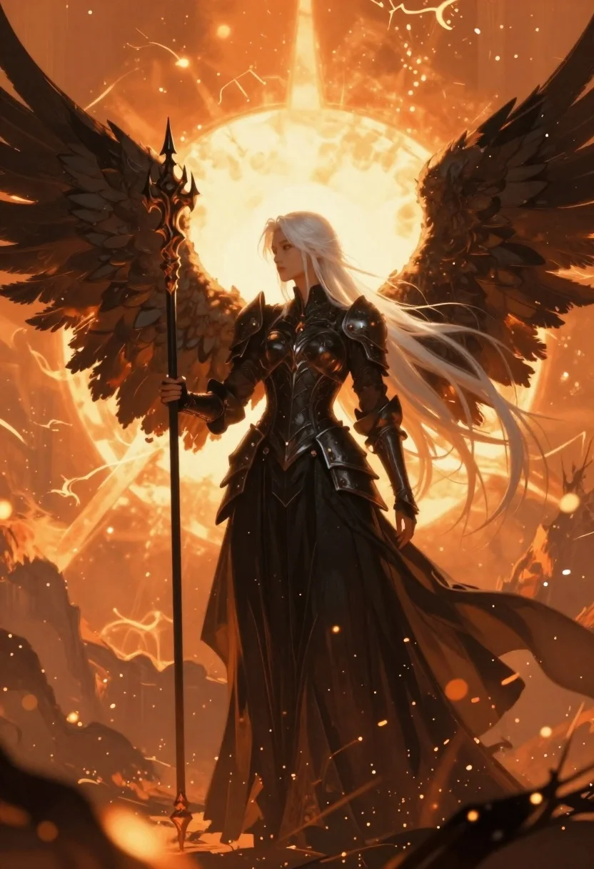 Female figure in black armor with dark wings against sunburst