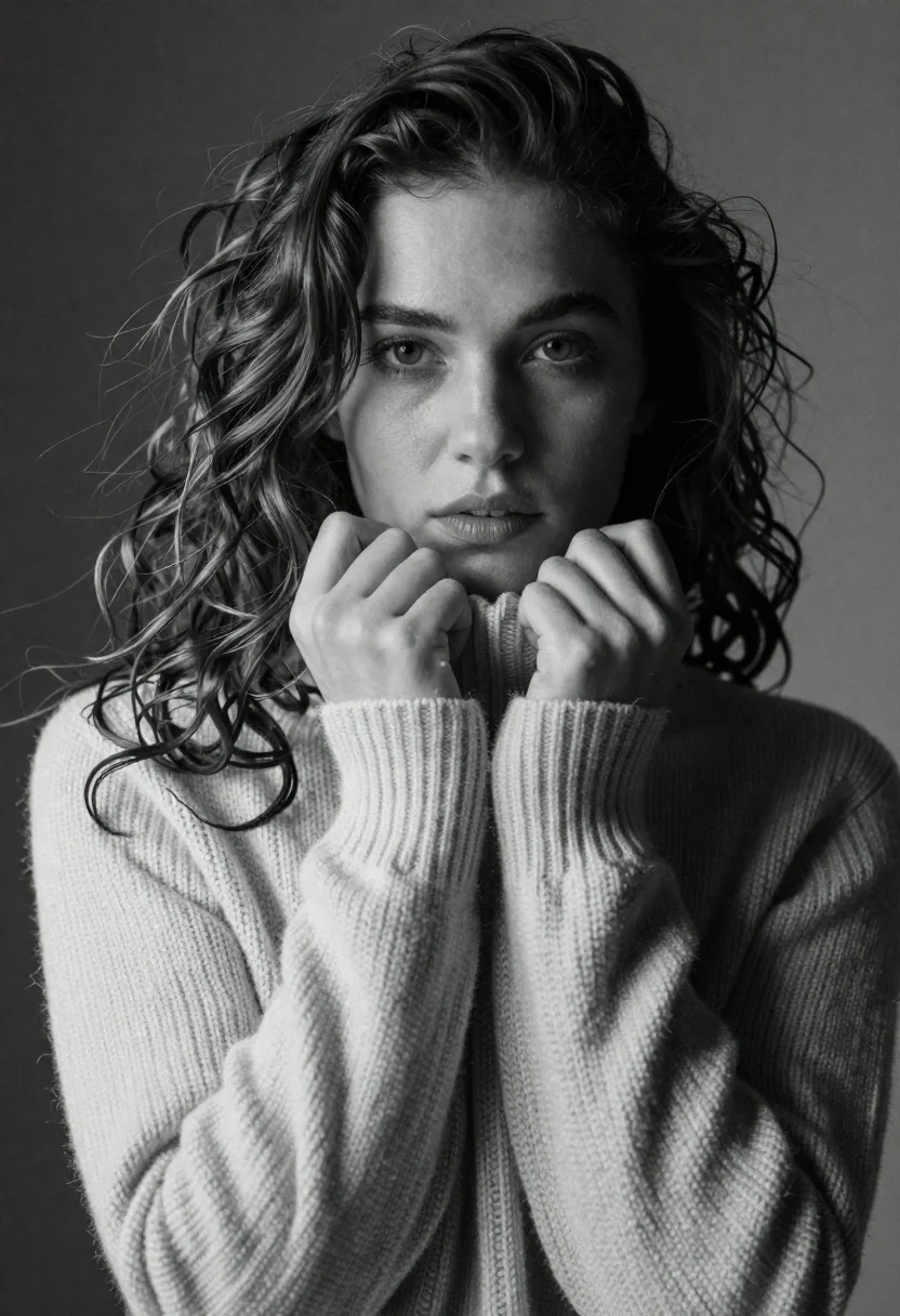 Black and white portrait of woman with wavy hair