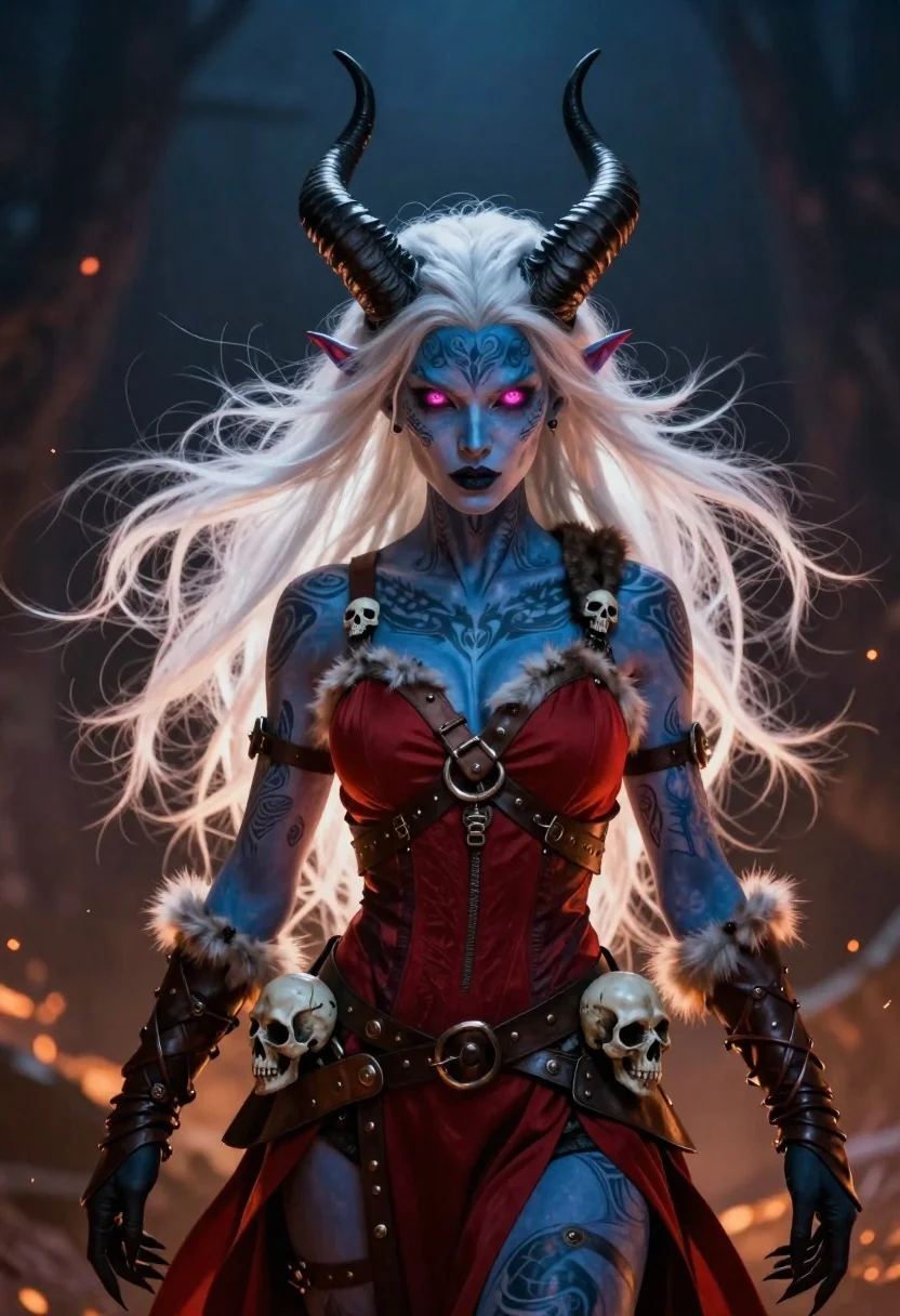 Fantasy portrait of blue skinned demon woman with white hair - AI generated image prompt sample