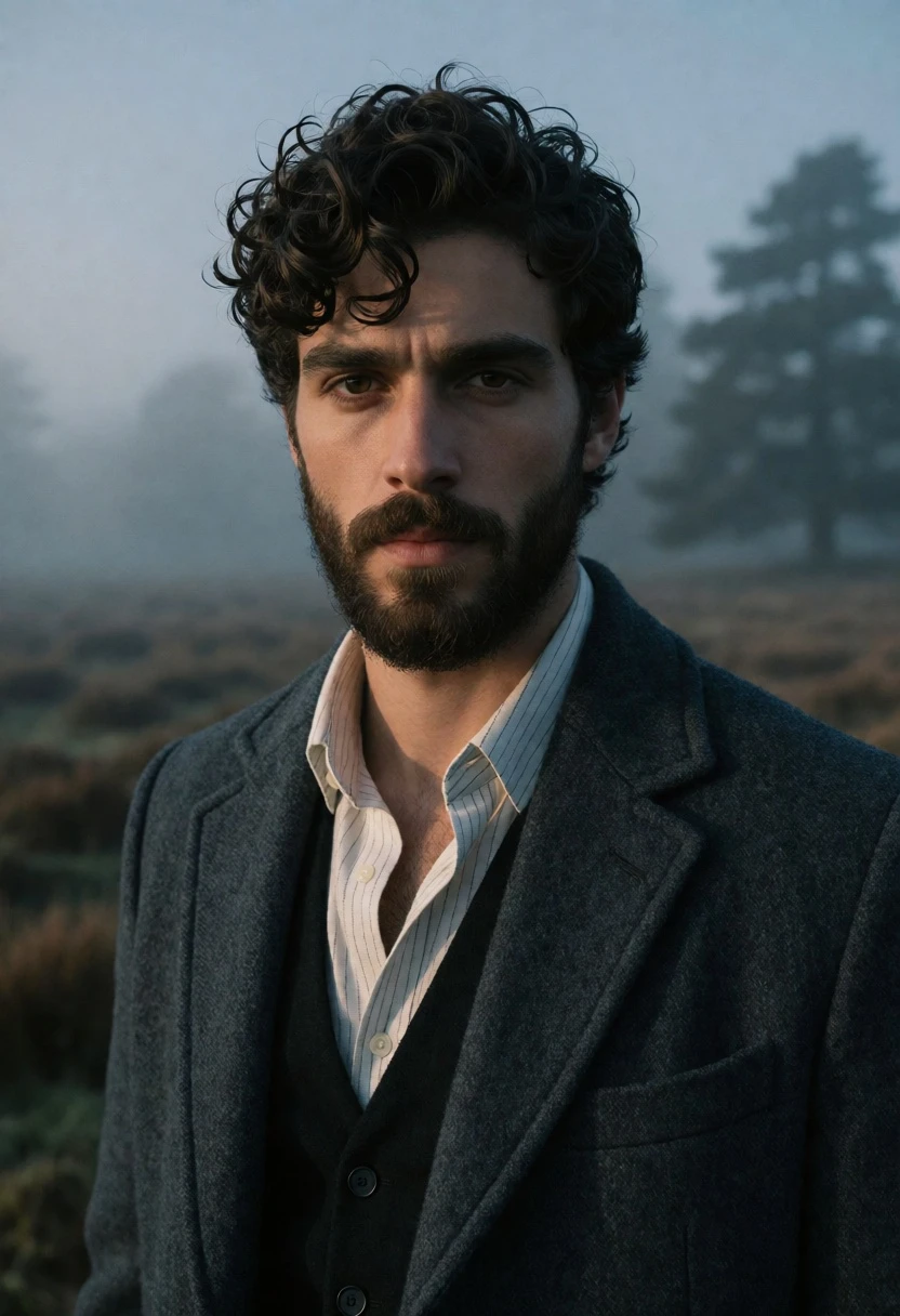 Serious young man in charcoal coat standing in a misty open field - AI generated image prompt sample