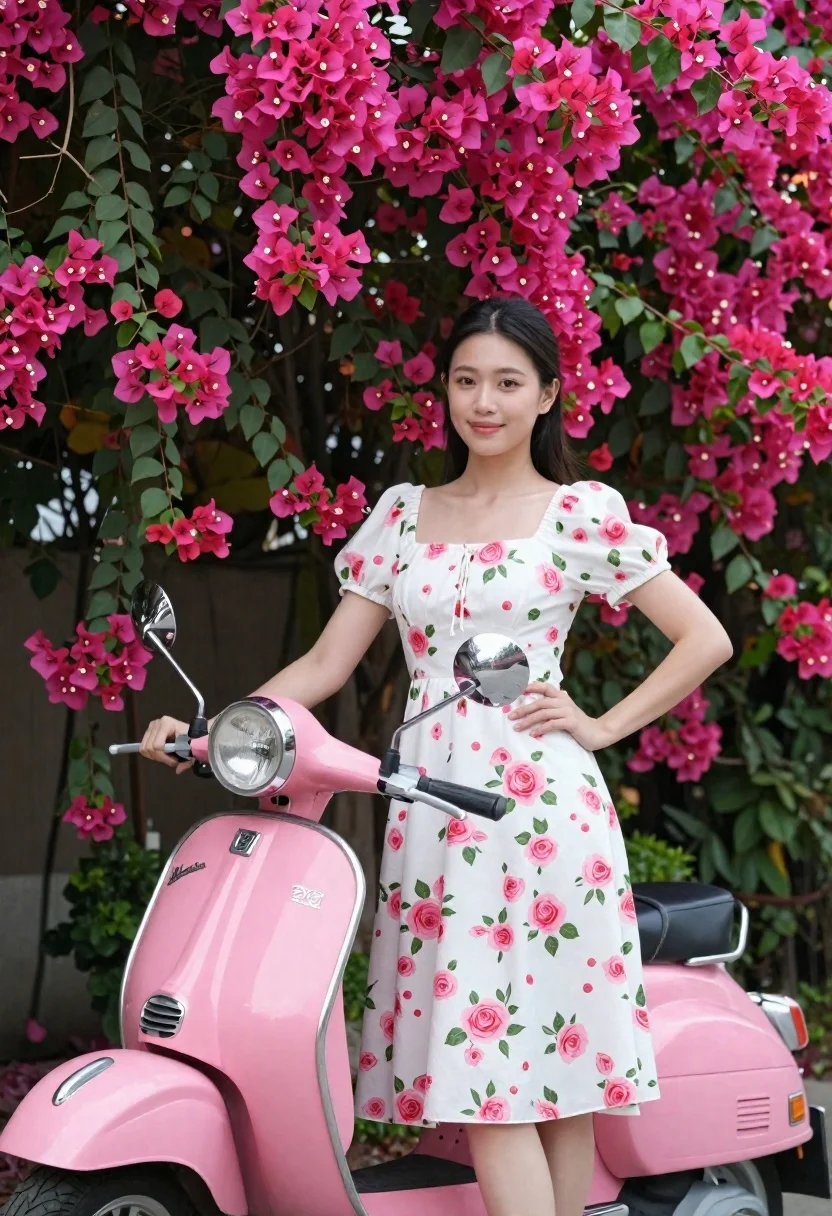 Young woman in floral white dress standing by pink vintage scooter - AI generated image prompt sample