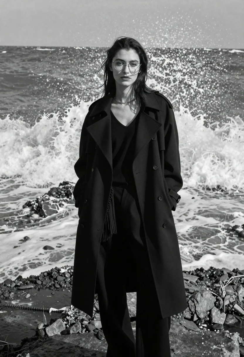 Woman in black coat on rocky shore with crashing waves