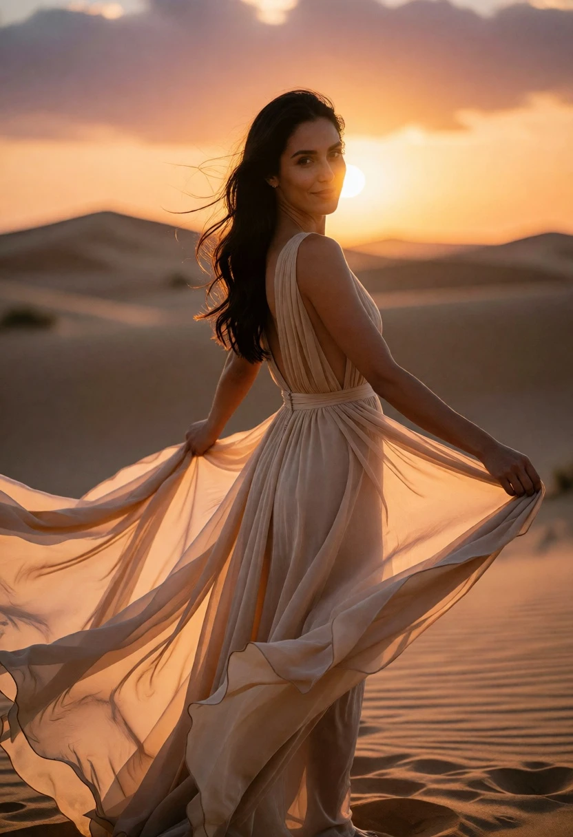 Woman in sheer beige gown standing amidst desert dunes at sunset - AI generated image prompt sample