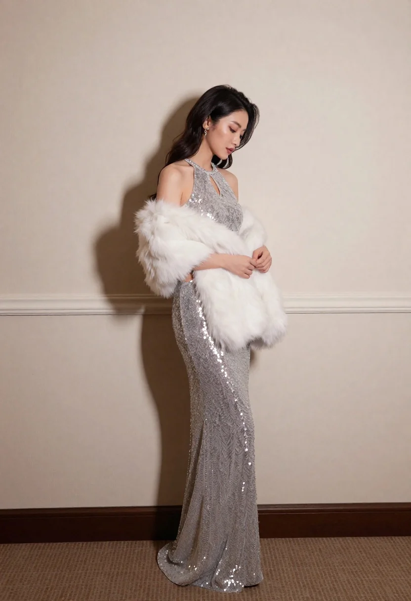 Woman in silver sequin gown holding white fur stole against plain wall