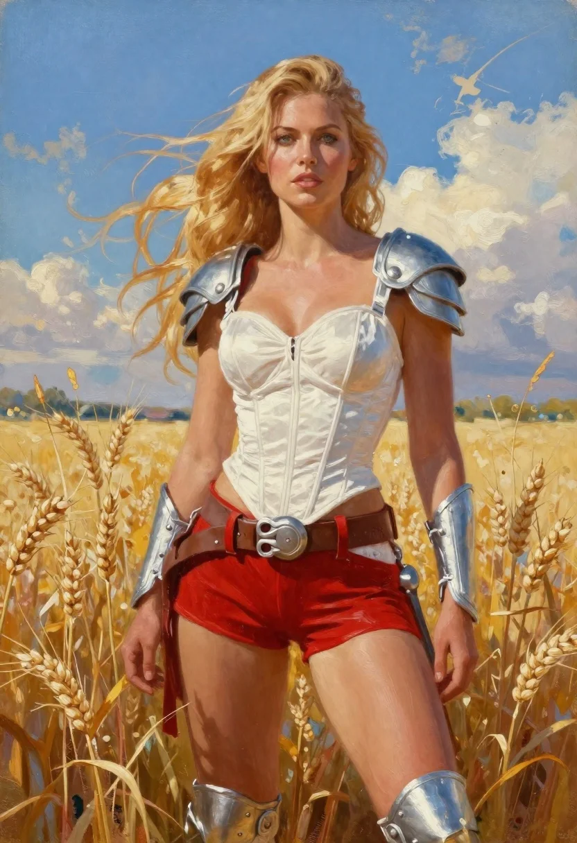 Warrior in white corset standing in golden wheat field