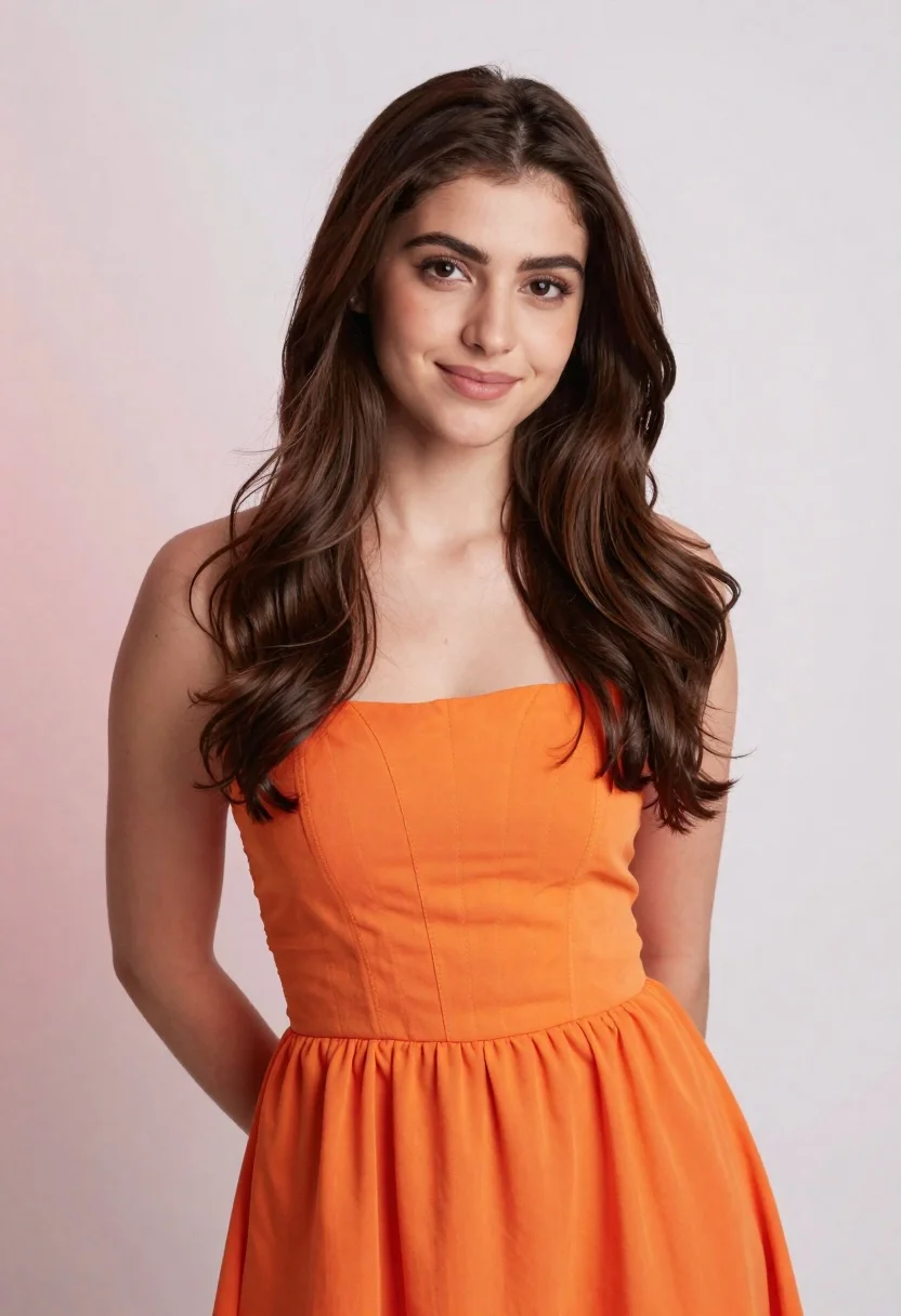 Portrait of young woman in orange strapless dress against pink gradient wall