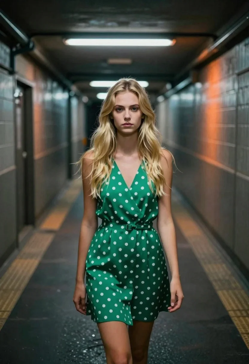 Young blonde woman in green polka dot dress standing in subway tunnel - AI generated image prompt sample