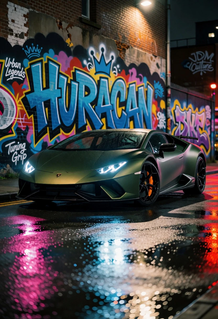 Matte dark green lamborghini huracán parked on wet city street at night - AI generated image prompt sample