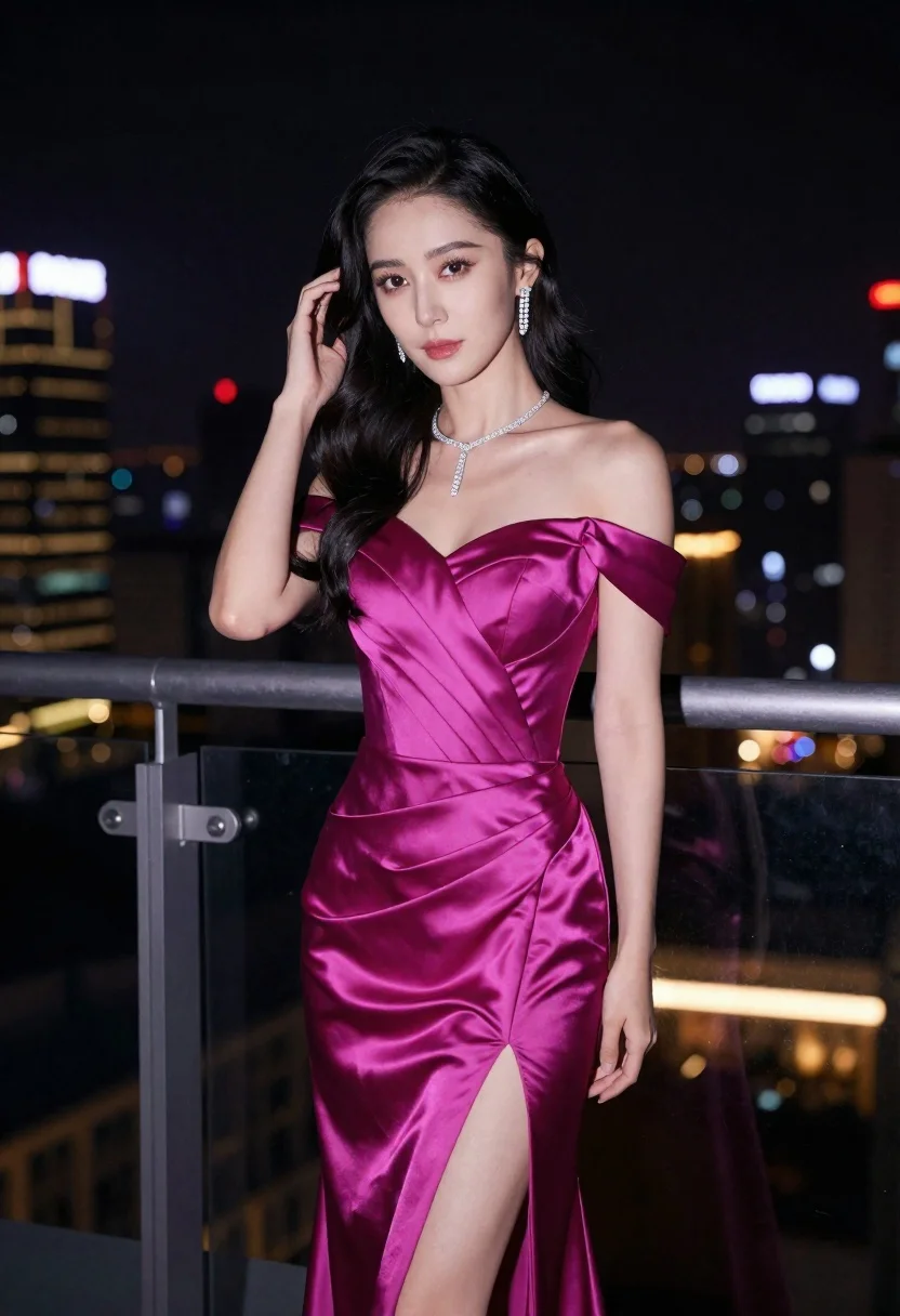 Glamorous woman in magenta satin gown on rooftop at night - AI generated image prompt sample