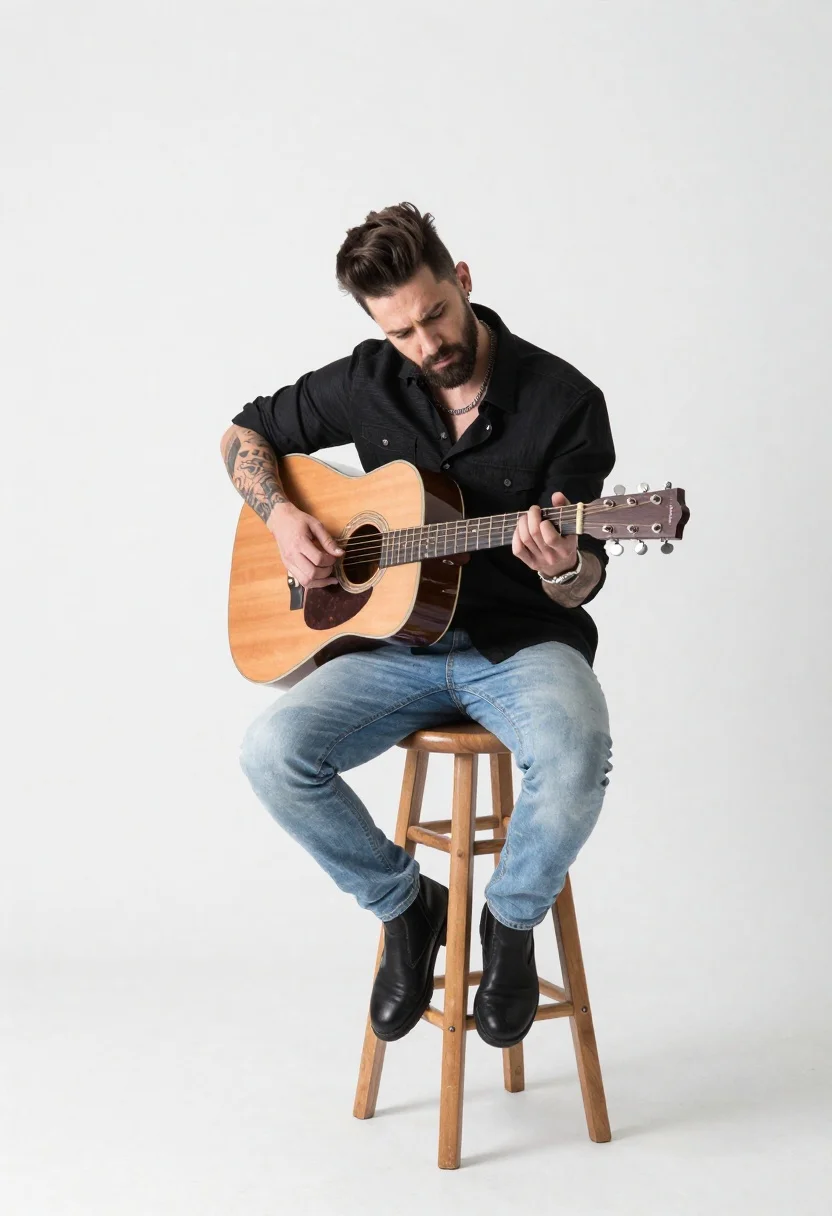 Man playing acoustic guitar in a white studio