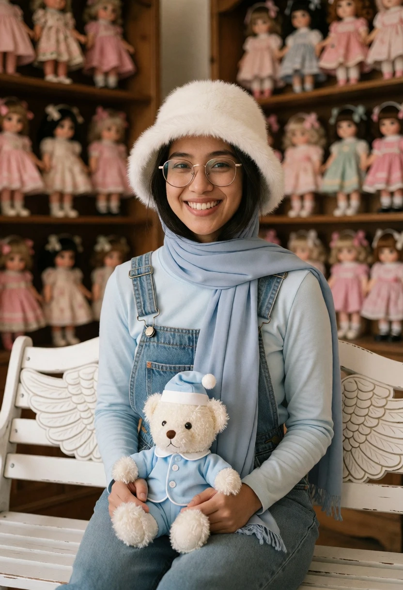 Young woman in blue hijab sitting with teddy bear near vintage doll - AI generated image prompt sample