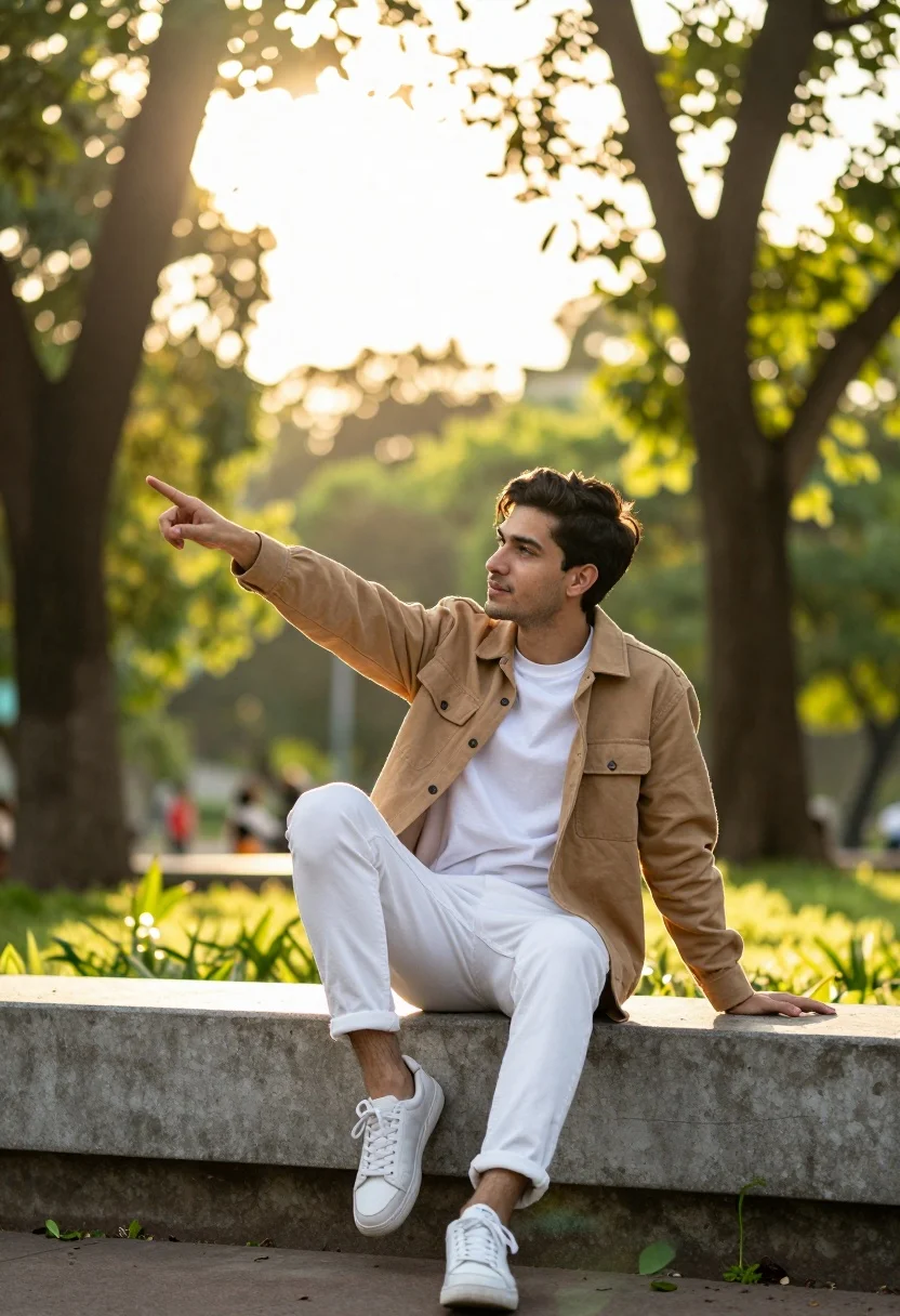 Young man pointing in sundrenched park setting on concrete ledge - AI generated image prompt sample