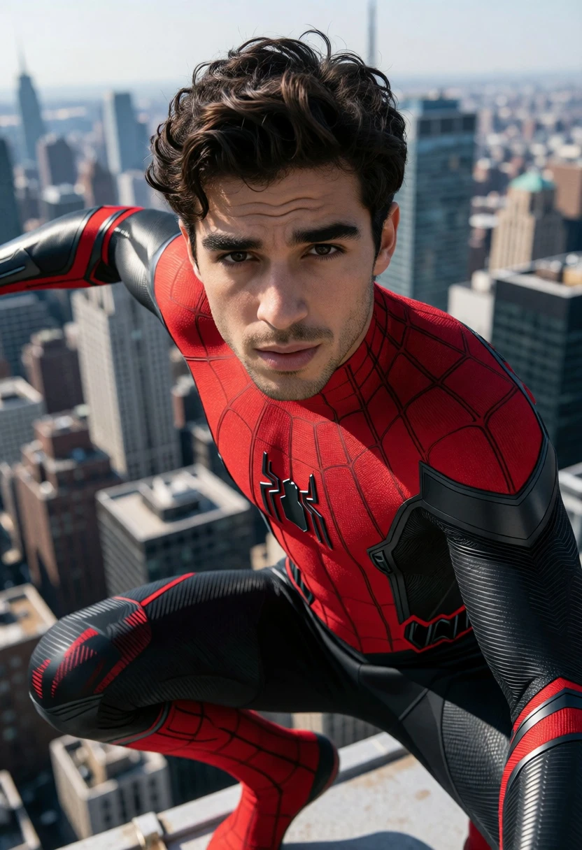 Man in spiderman suit crouching on skyscraper ledge overlooking city - AI generated image prompt sample