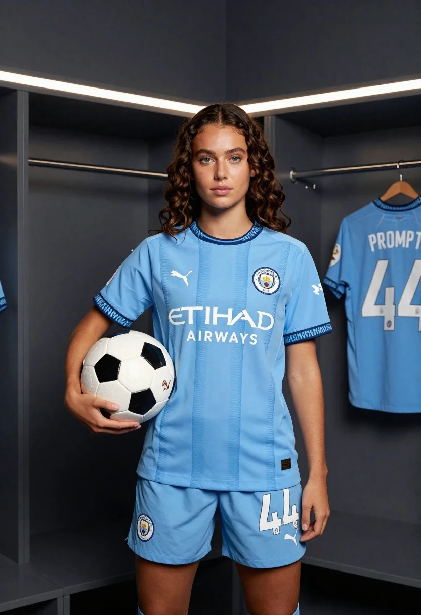 Young woman in manchester city kit holding soccer ball in locker room - AI generated image prompt sample