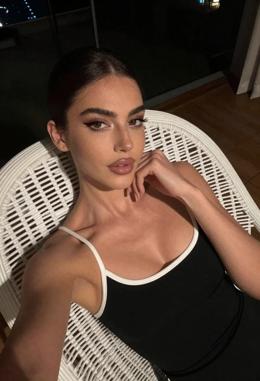 Woman reclining in black dress on white wicker chair dimly lit
