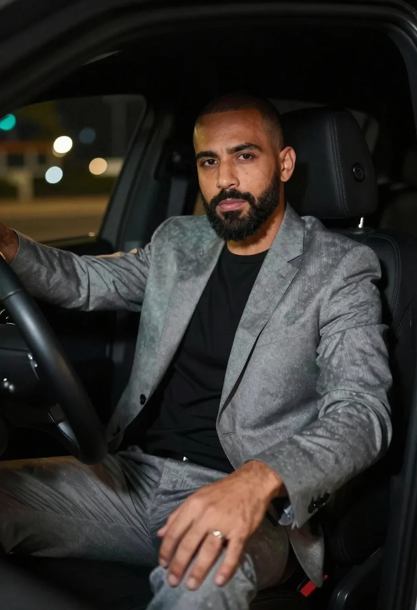 Man in suit sitting in car at night