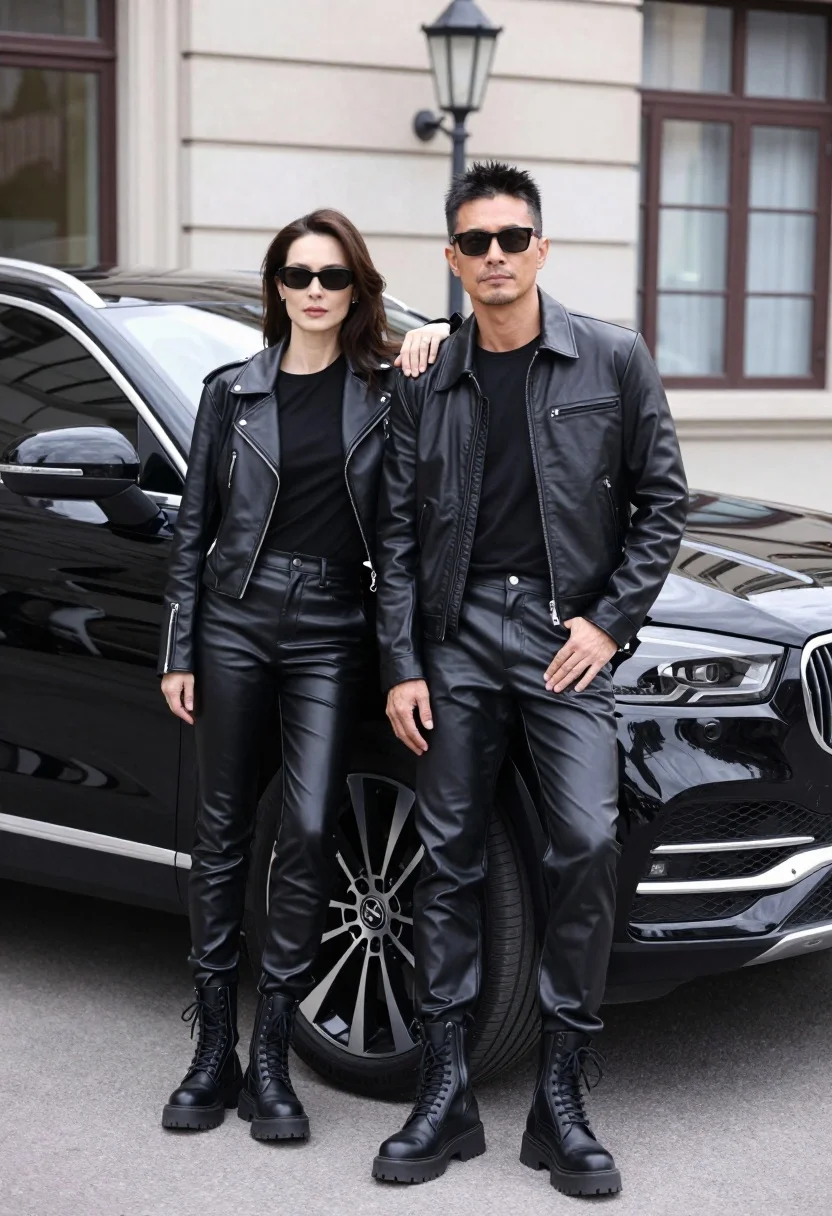 Stylish couple in black leather outfits posing by a black suv on - AI generated image prompt sample