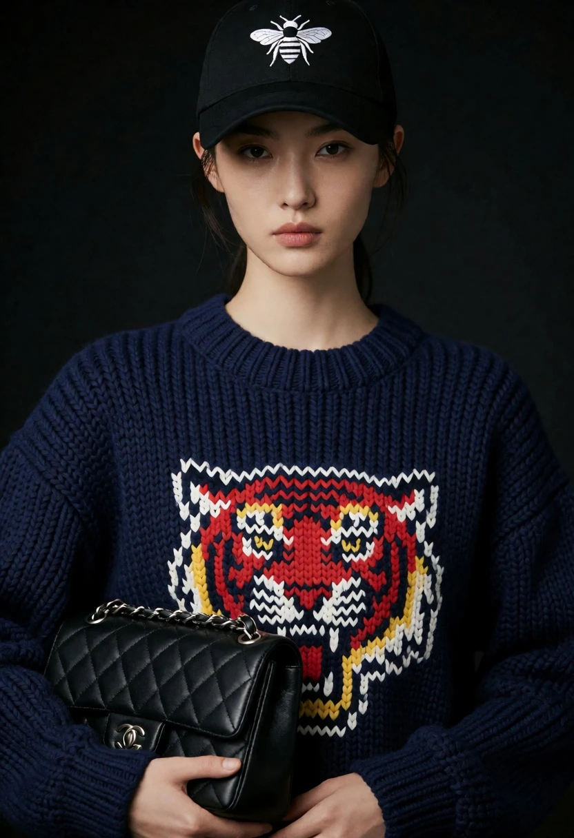 Fashion portrait of woman in navy sweater against solid black studio backdrop - AI generated image prompt sample
