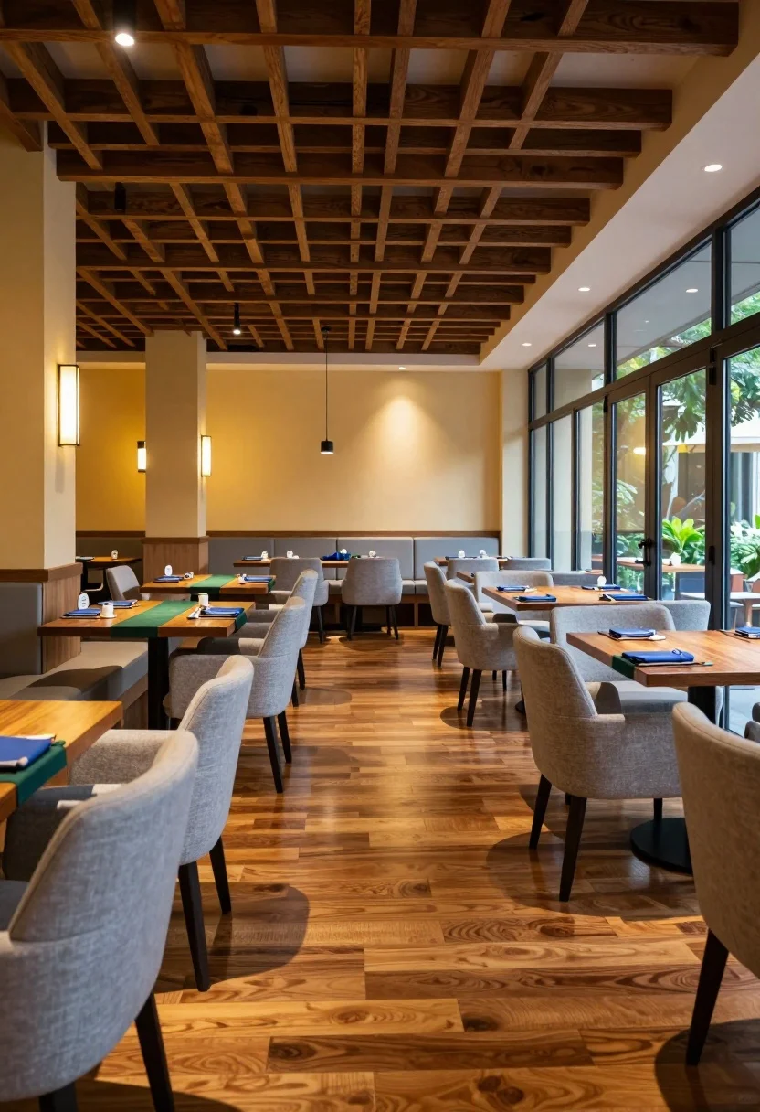 Modern dining room interior with wooden tables and blue napkins - AI generated image prompt sample