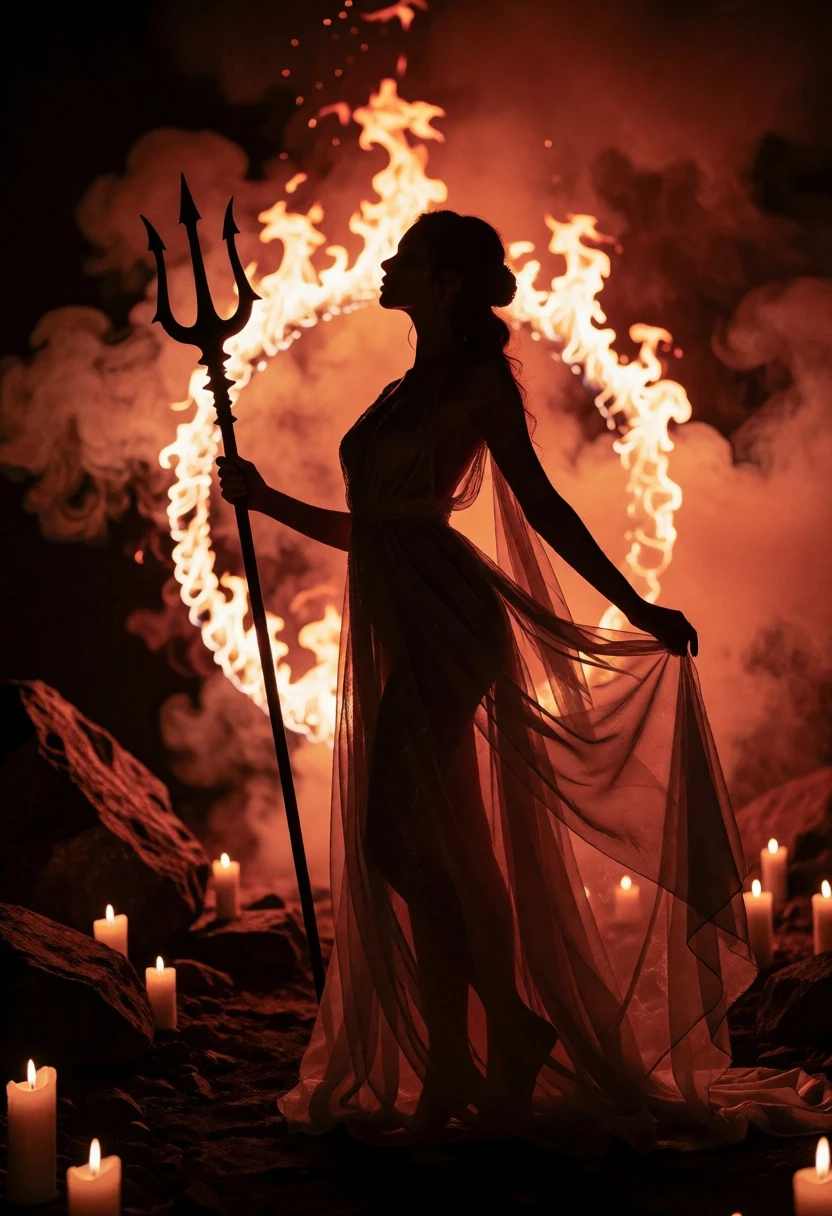 Dramatic silhouette of woman with trident against blazing fire ring - AI generated image prompt sample