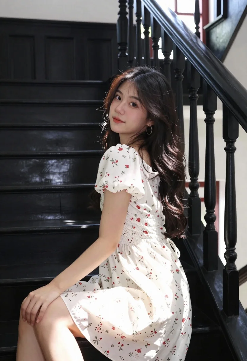 Young woman in white floral dress seated on interior staircase