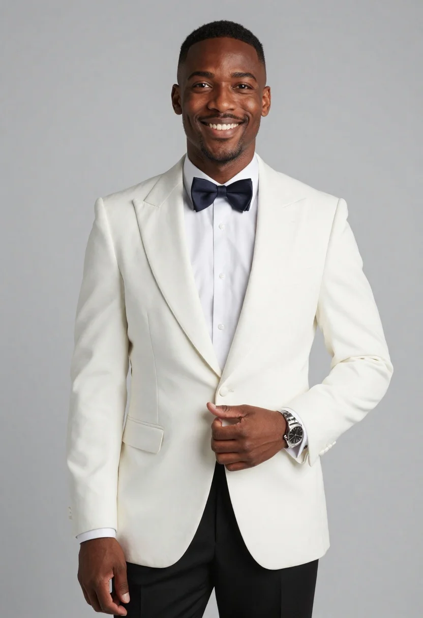 Studio portrait of smiling black man in white tuxedo