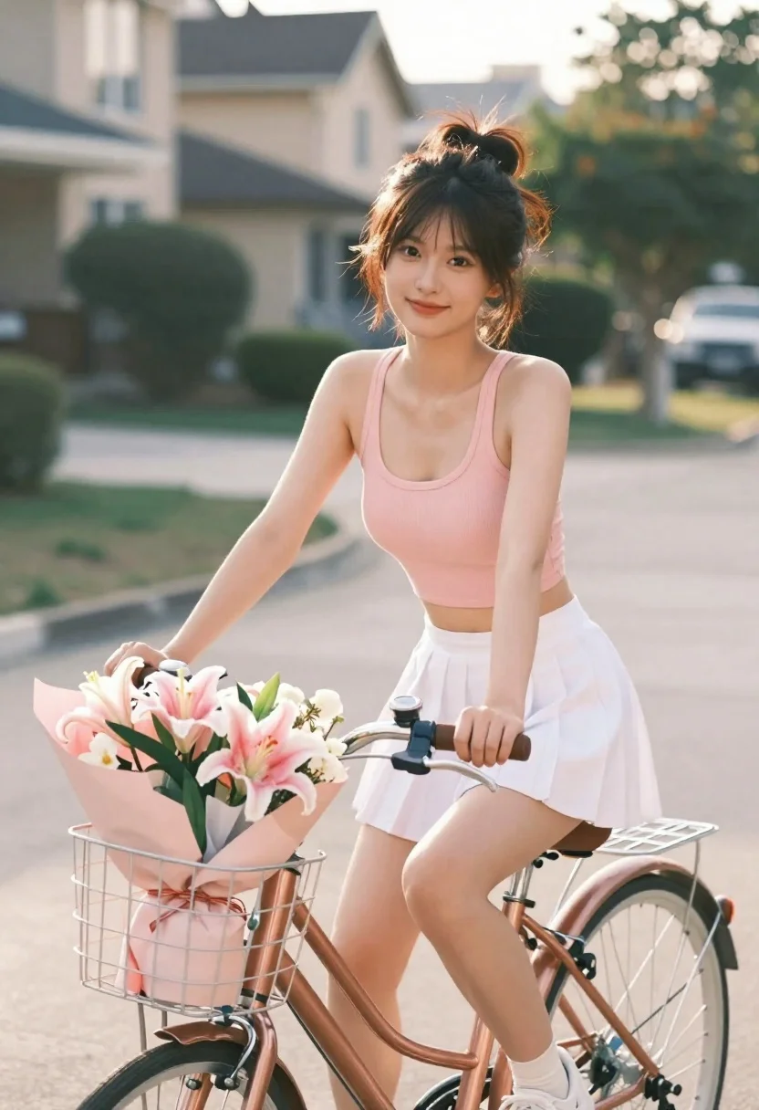Young woman with dark hair on rose gold bicycle holding handlebars smiling - AI generated image prompt sample