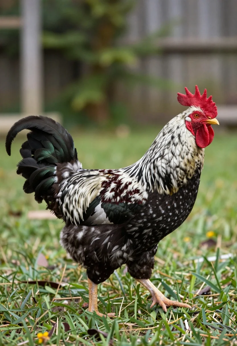 Majestic rooster walking across green grass with blurred natural background - AI generated image prompt sample