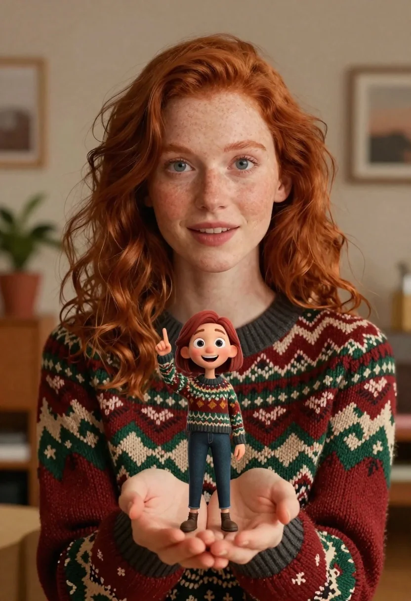 Close up portrait of woman holding miniature animated version of herself - AI generated image prompt sample
