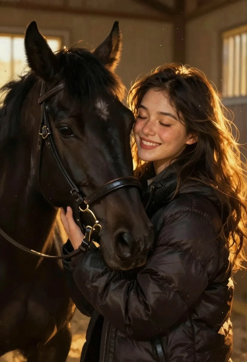 Woman smiling with black horse in golden stable light