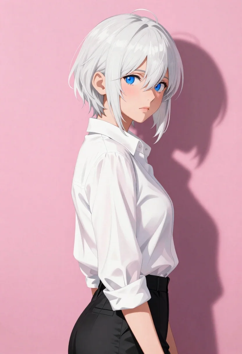 Anime portrait of woman with white hair looking over shoulder