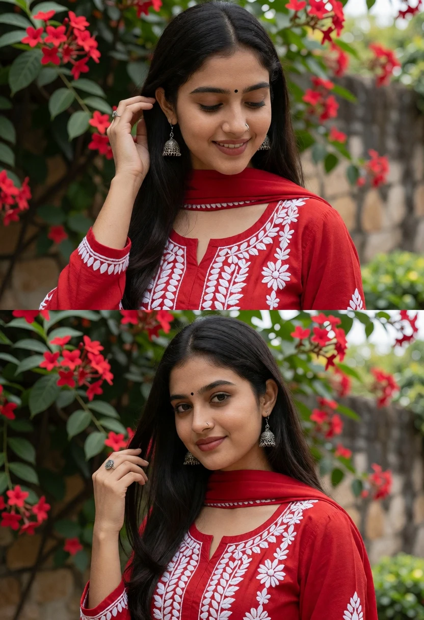 Young woman in traditional red attire within a lush green garden setting - AI generated image prompt sample