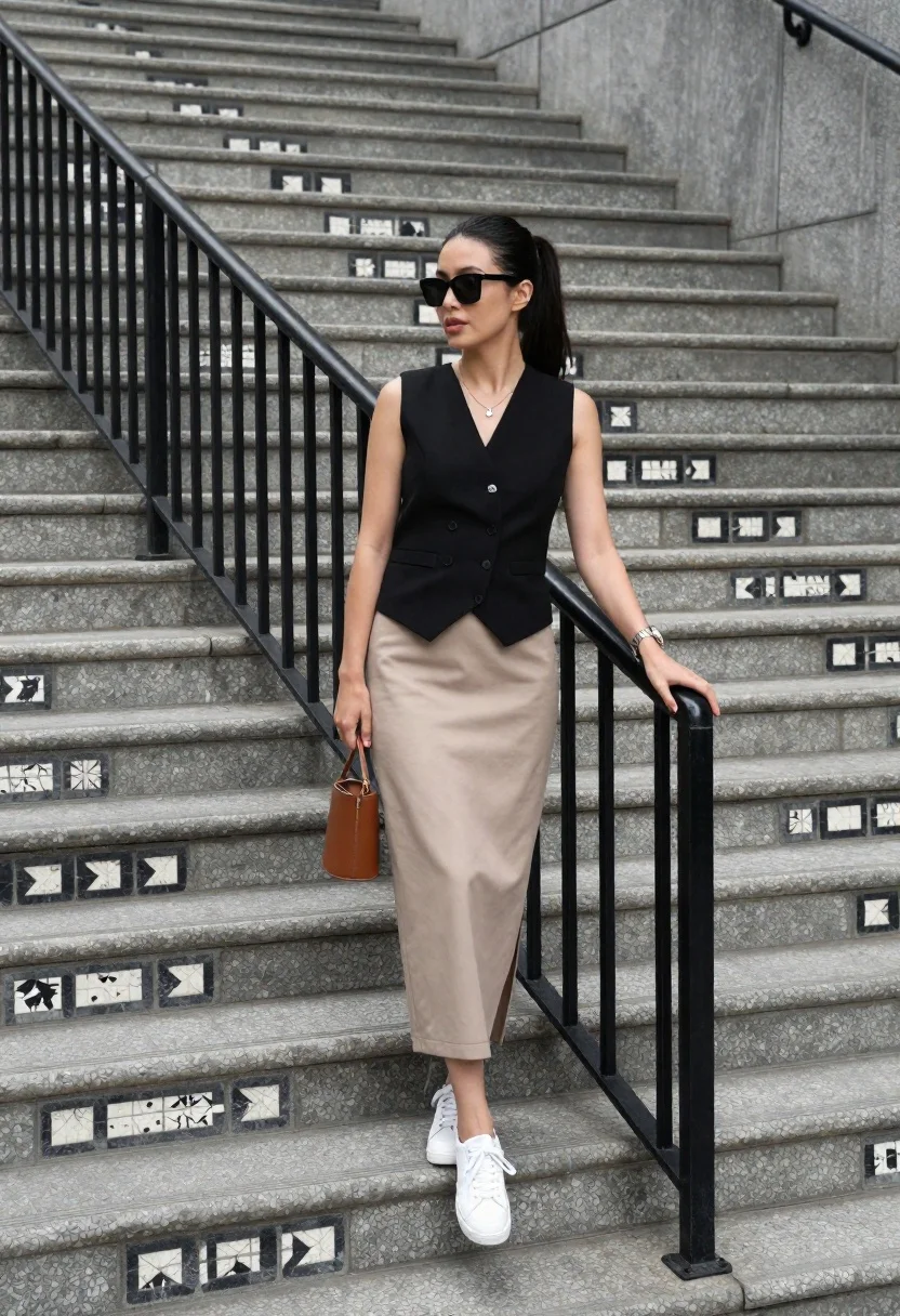 Stylish woman on wide staircase with black railing in urban setting