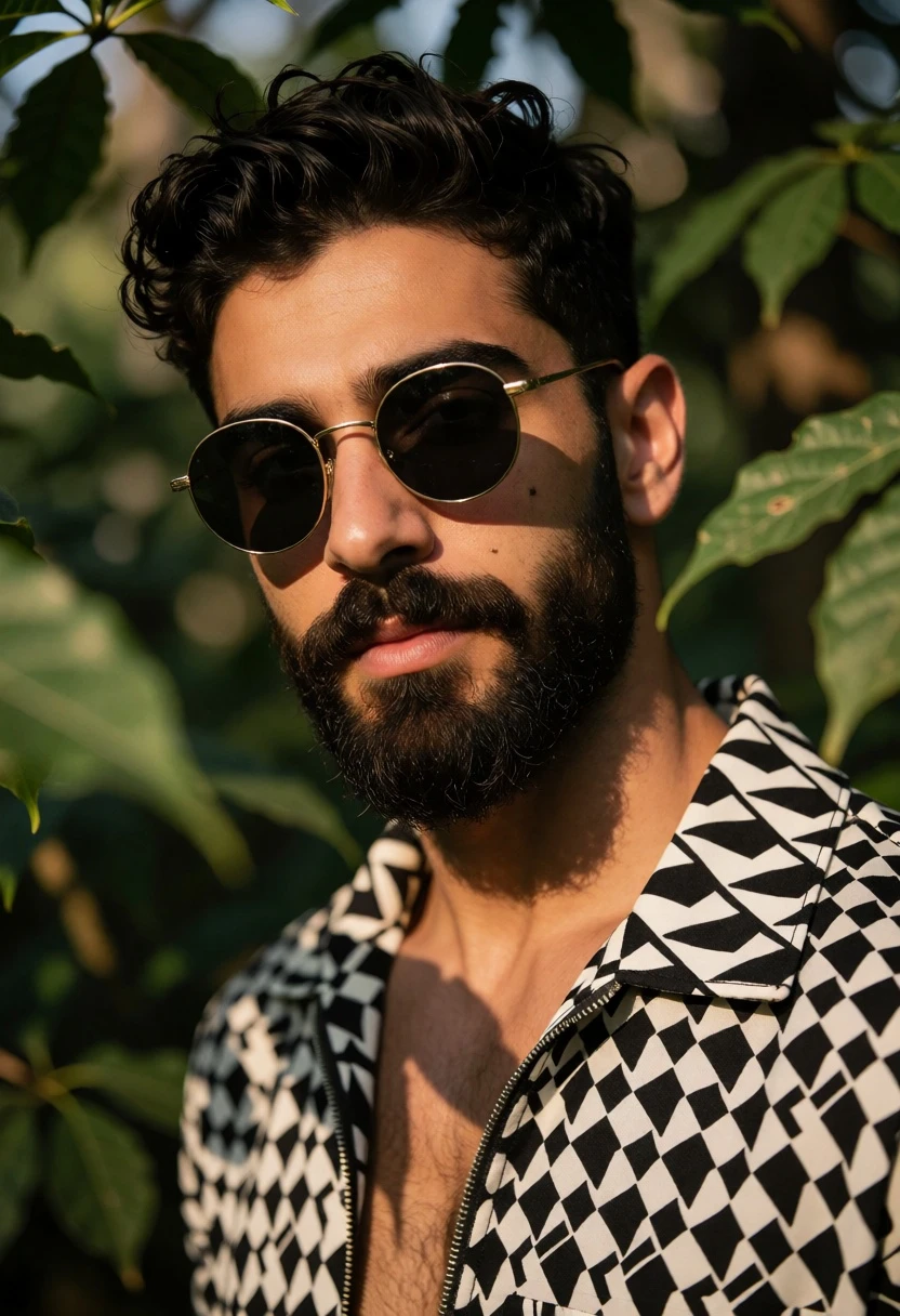 Closeup portrait of man with beard wearing sunglasses in green foliage - AI generated image prompt sample
