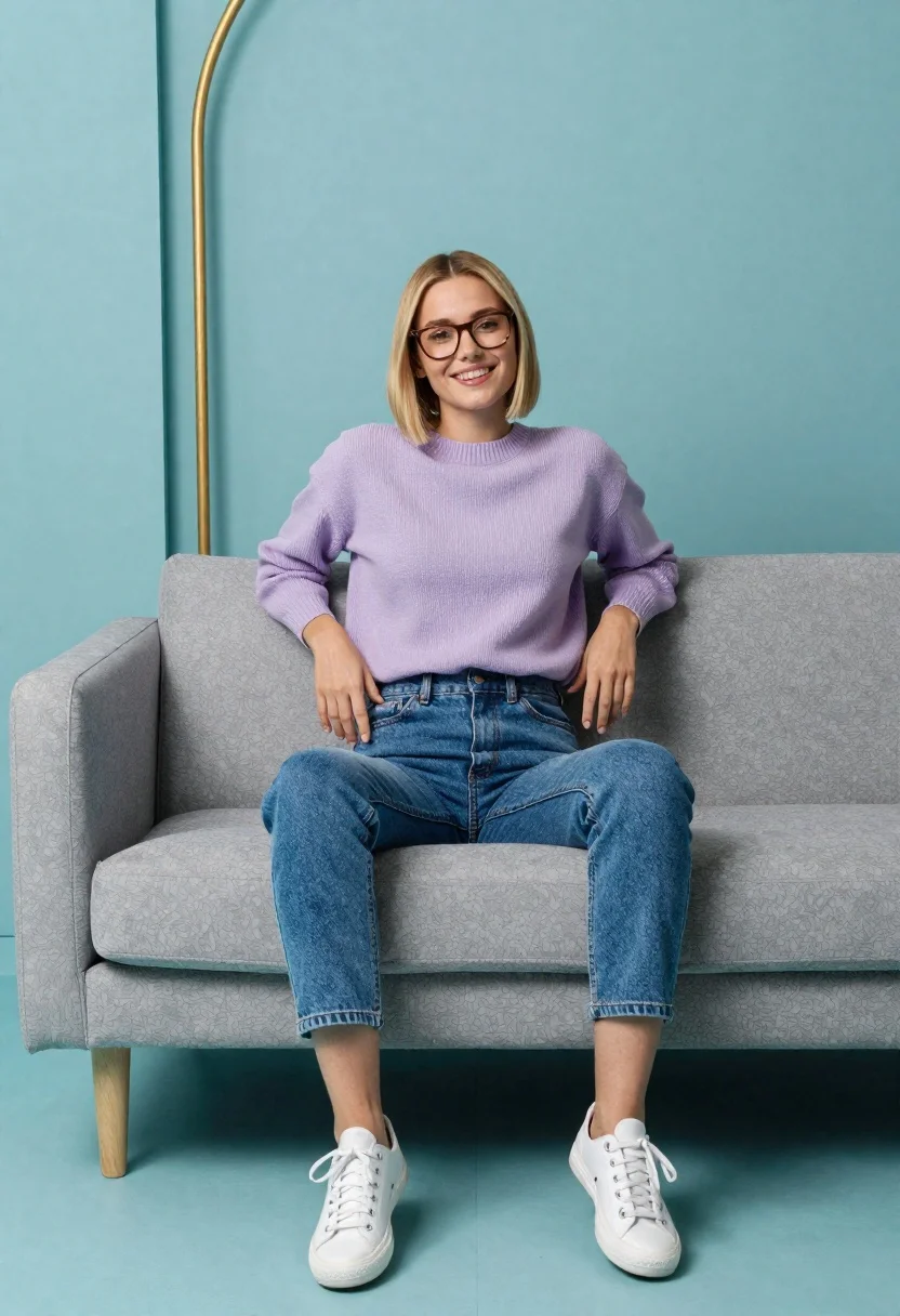 Young woman in purple sweater on modern gray sofa