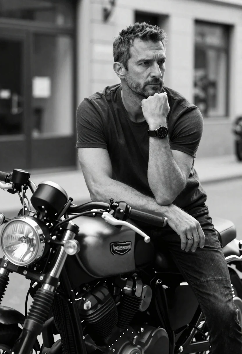 Black and white portrait of man on motorcycle in city - AI generated image prompt sample