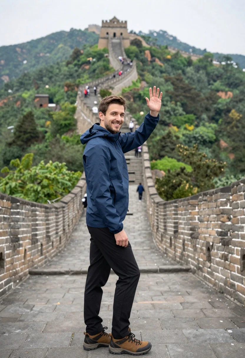Young man smiling on great wall of china overlooking green mountains - AI generated image prompt sample