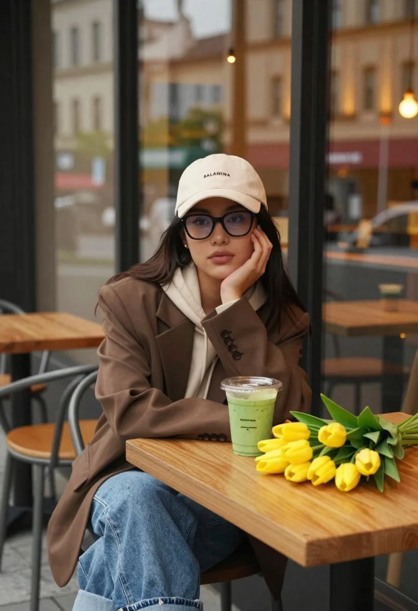 Young woman at cafe table with smoothie and yellow tulips - AI generated image prompt sample