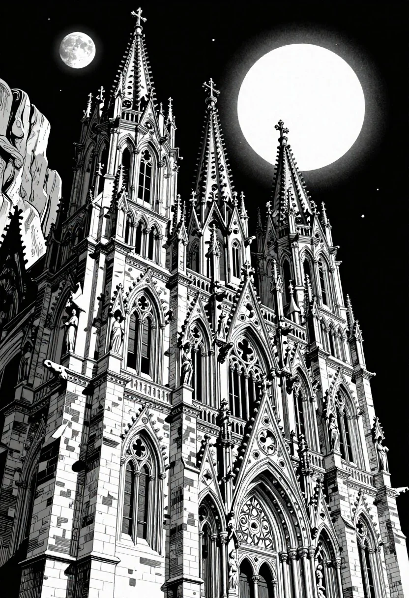 Gothic cathedral built into a dark cliffside at night - AI generated image prompt sample