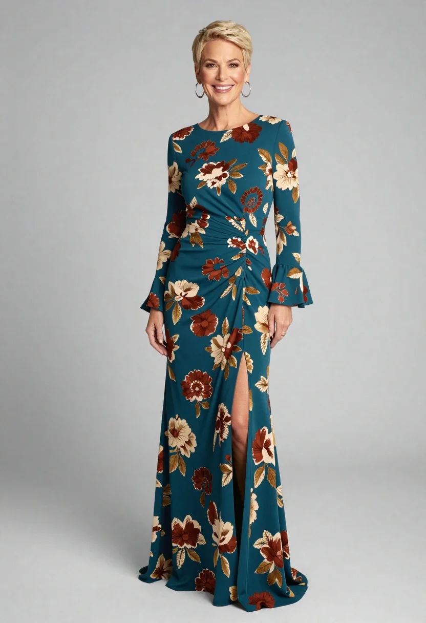 Full body portrait of smiling woman in teal floral evening gown - AI generated image prompt sample