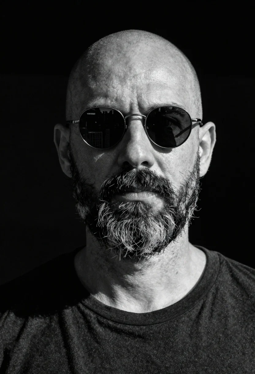 Black and white portrait of bald man with full beard - AI generated image prompt sample