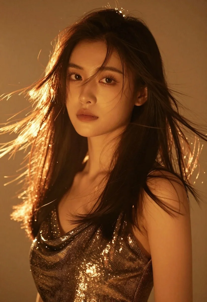 Portrait of woman with dark hair in golden light - AI generated image prompt sample